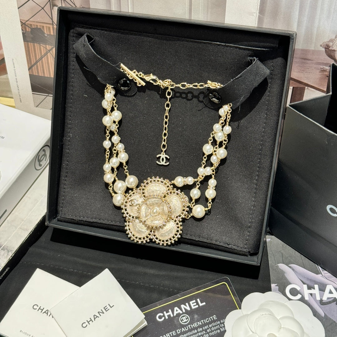 Multi-Strand Pearl Floral CC Necklace
