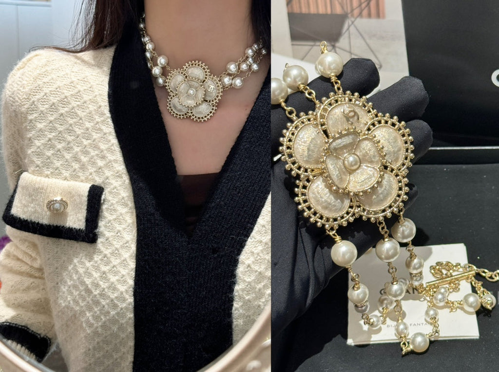 Multi-Strand Pearl Floral CC Necklace