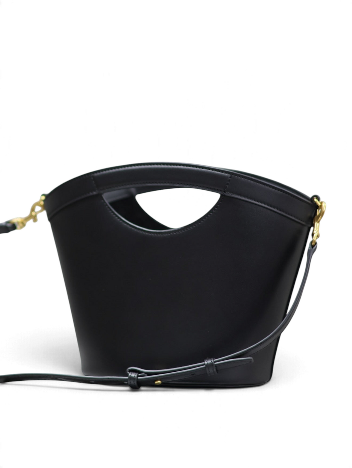 SWORD LUXURY Cassandra mini tote çanta, siyah pürüzsüz dana derisi, altın detaylı ve çıkarılabilir omuz askılı