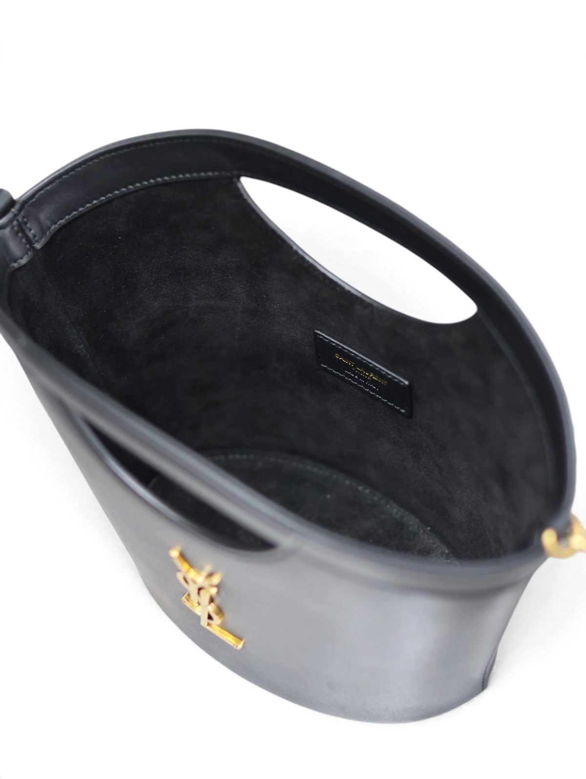 SWORD LUXURY siyah deri Cassandra mini çanta, altın renkli YSL monogram detaylı ve şık kesim saplı tasarım.