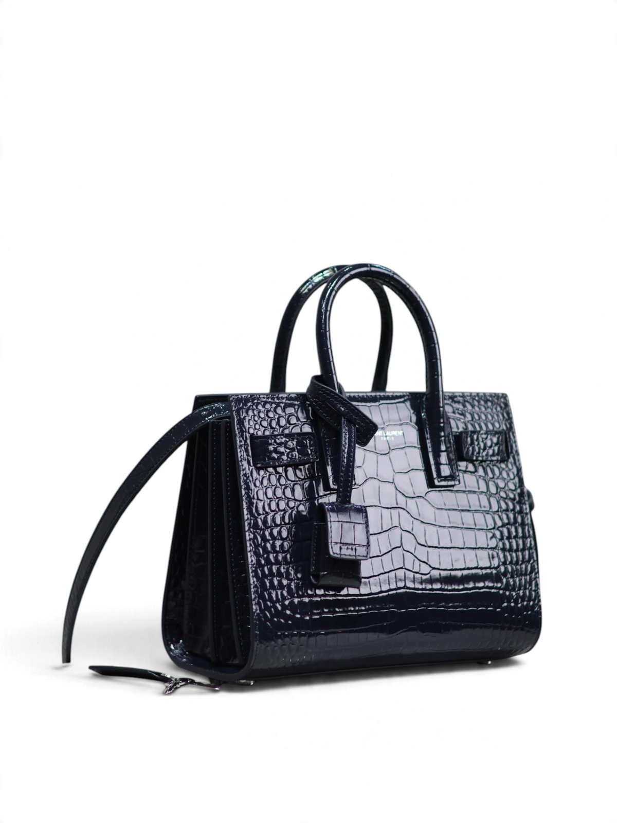 SWORD LUXURY siyah timsah derisi görünümlü calfskin deri Sac De Jour Nano çanta, zarif ve yapılandırılmış tasarım.