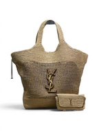 SWORD LUXURY bej renkli, el örgüsü raffia YSL Icare büyük boy tote çanta ve uyumlu mini cüzdan.