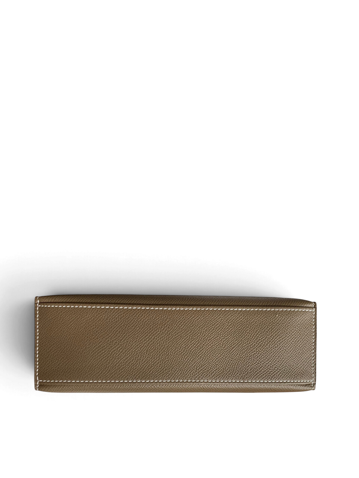 SWORD LUXURY Mini Kelly 22cm çanta, kahverengi Epsom deri dokusu ve beyaz dikiş detaylarıyla yandan görünüm.