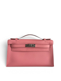 SWORD LUXURY pembe Epsom deri 22cm Mini Kelly çanta, gümüş donanımlı ve ikonik döner kilitli, kutu içinde.
