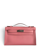 SWORD LUXURY pembe Epsom deri 22cm Mini Kelly çanta, gümüş donanımlı ve ikonik döner kilitli, kutu içinde.