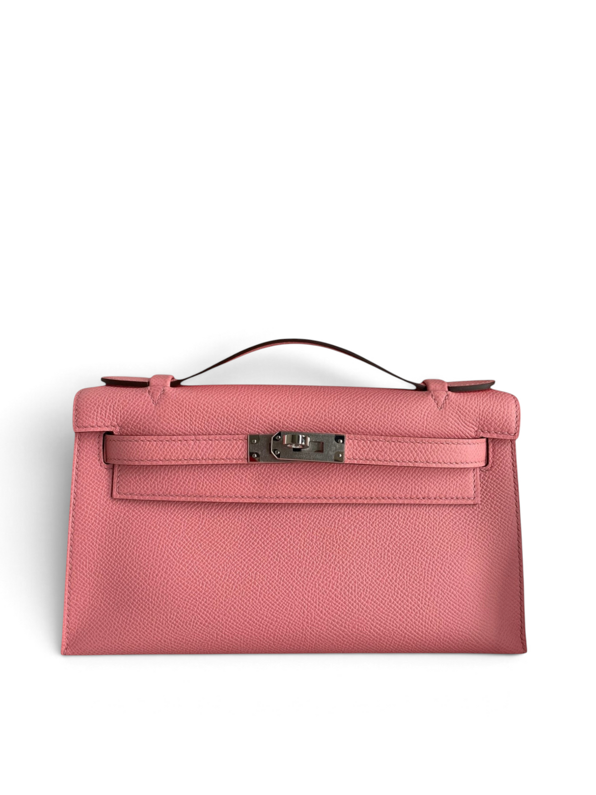 SWORD LUXURY pembe Epsom deri 22cm Mini Kelly çanta, gümüş donanımlı ve ikonik döner kilitli, kutu içinde.