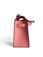 SWORD LUXURY pembe Epsom deri Mini Kelly 22cm çanta, yan görünüm ve detaylı doku.