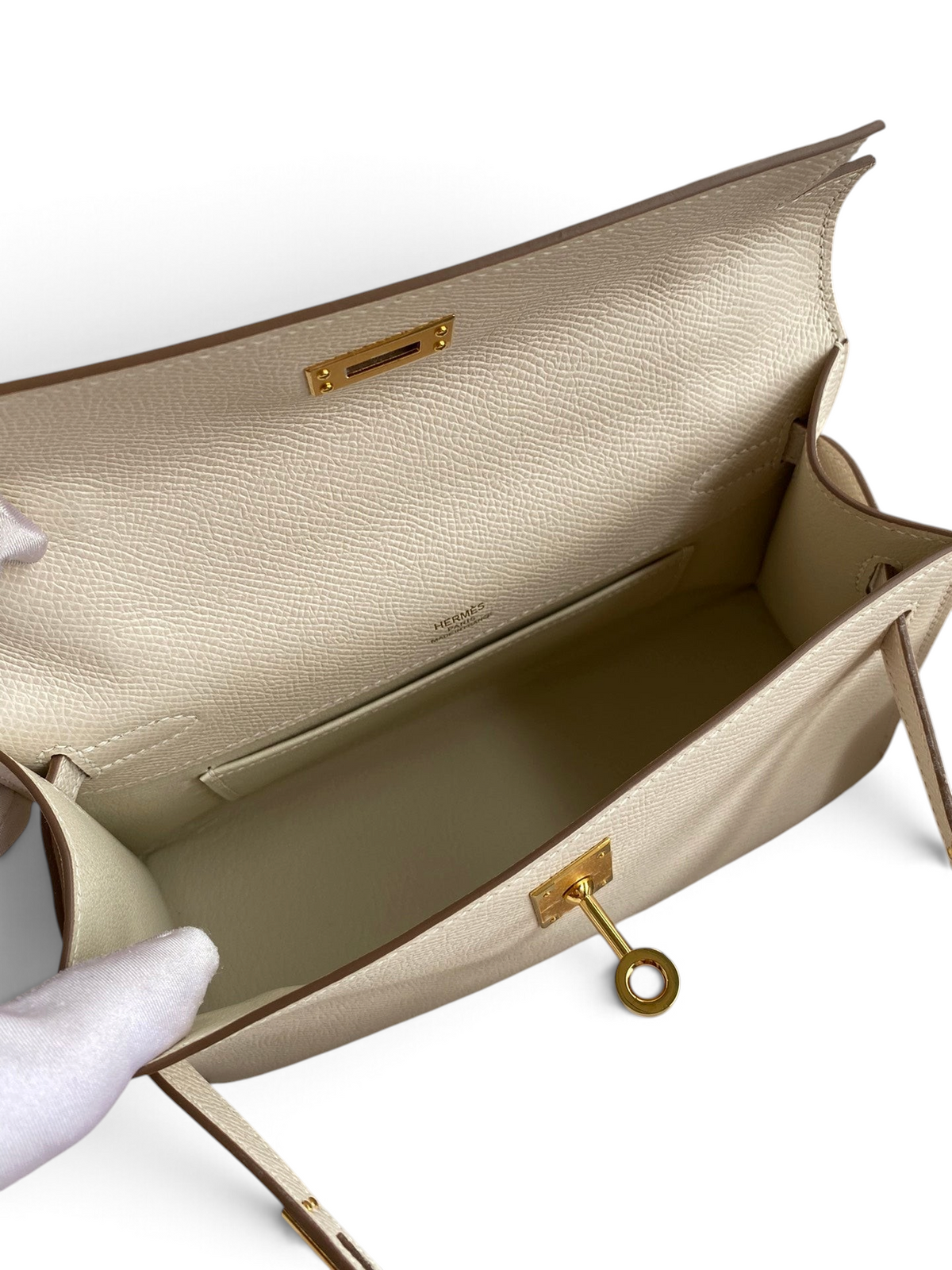 SWORD LUXURY Mini Kelly 22cm krem rengi Epsom deri çanta, altın tonlu kilit detayı ve iç tasarımı ile.
