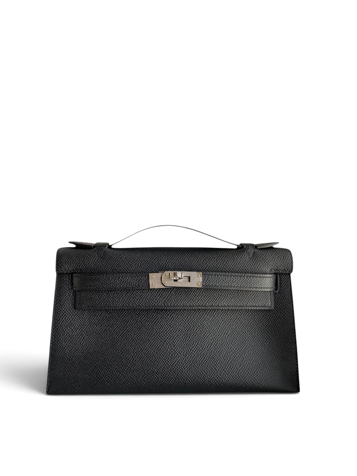 SWORD LUXURY 22cm siyah Epsom deri Mini Kelly çanta, kutu içerisinde metal kilit detaylı ve şık tasarımlı.