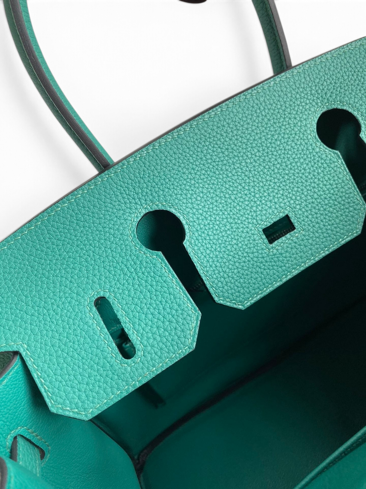 SWORD LUXURY marka turkuaz renkli Togo deri Hermès Birkin 30 çanta iç detay görünümü