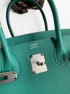 SWORD LUXURY marka, gümüş donanımlı, yeşil Togo deri Hermès Birkin 30 çanta detayı