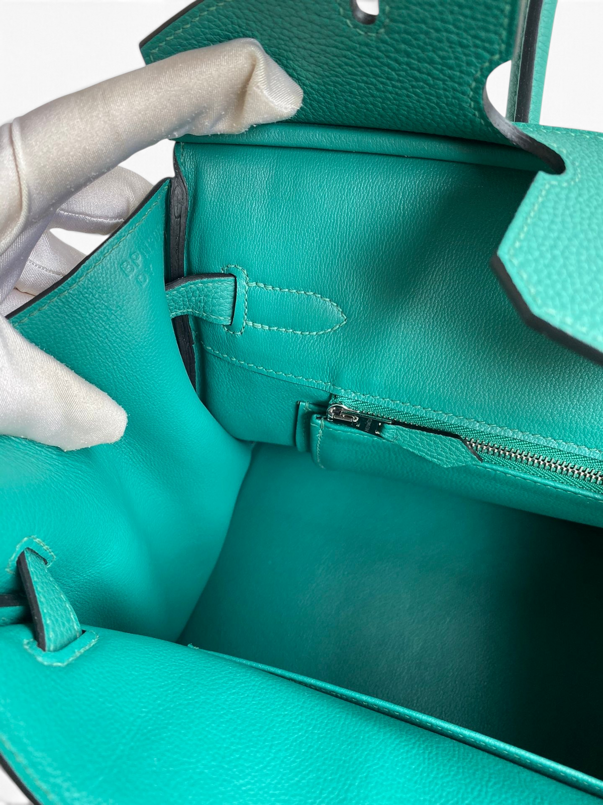 SWORD LUXURY marka turkuaz renkli Togo deri Hermès Birkin 30 çanta iç detay görünümü