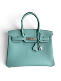 SWORD LUXURY marka turkuaz renkli Togo deri Hermès Birkin 30 çanta, gümüş donanımlı ve kutusunda.