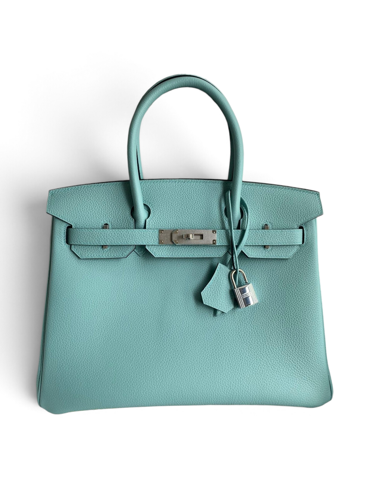 SWORD LUXURY marka turkuaz renkli Togo deri Hermès Birkin 30 çanta, gümüş donanımlı ve kutusunda.
