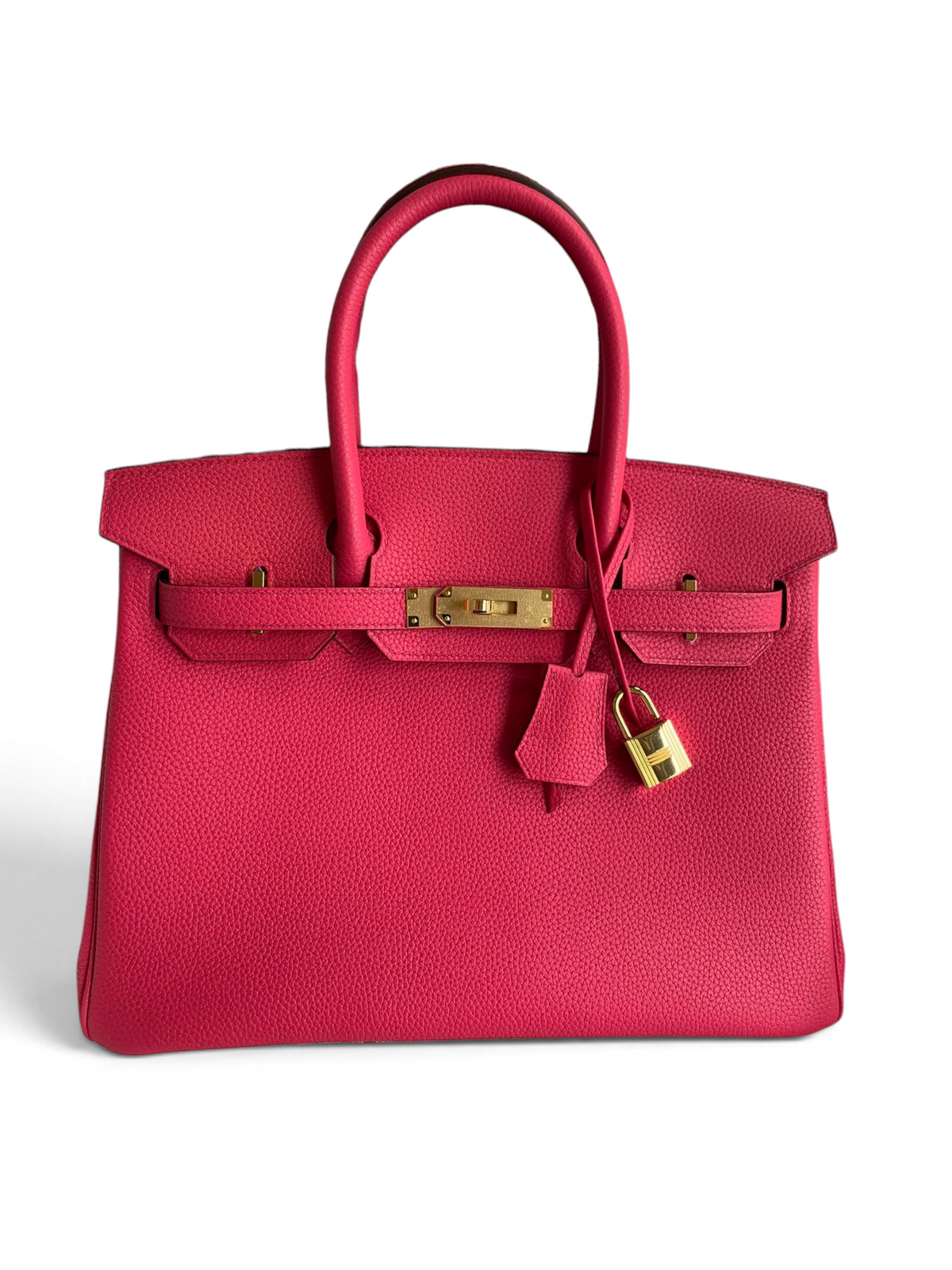 SWORD LUXURY fuşya rengi Togo deri Hermès Birkin 30 çanta, altın tonlu donanım ve kilit detaylı.