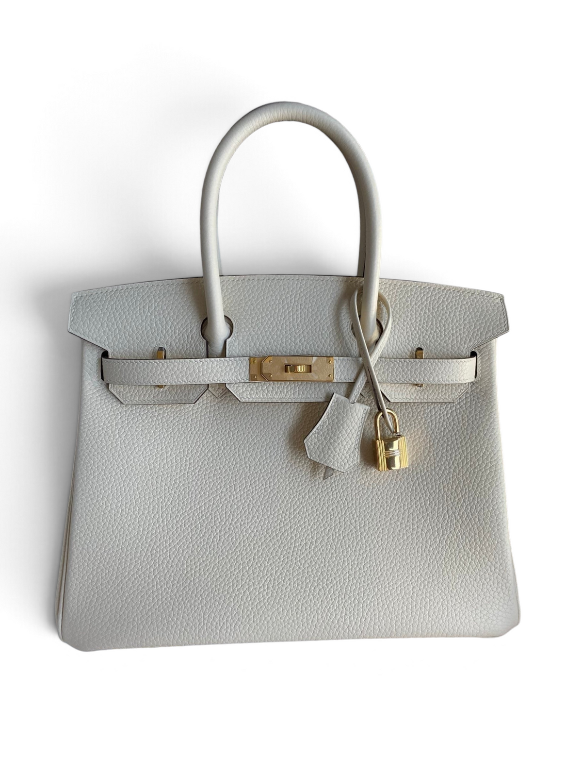 SWORD LUXURY marka beyaz Togo deri Hermès Birkin 30 çanta, altın rengi donanım ve kilit detaylı.