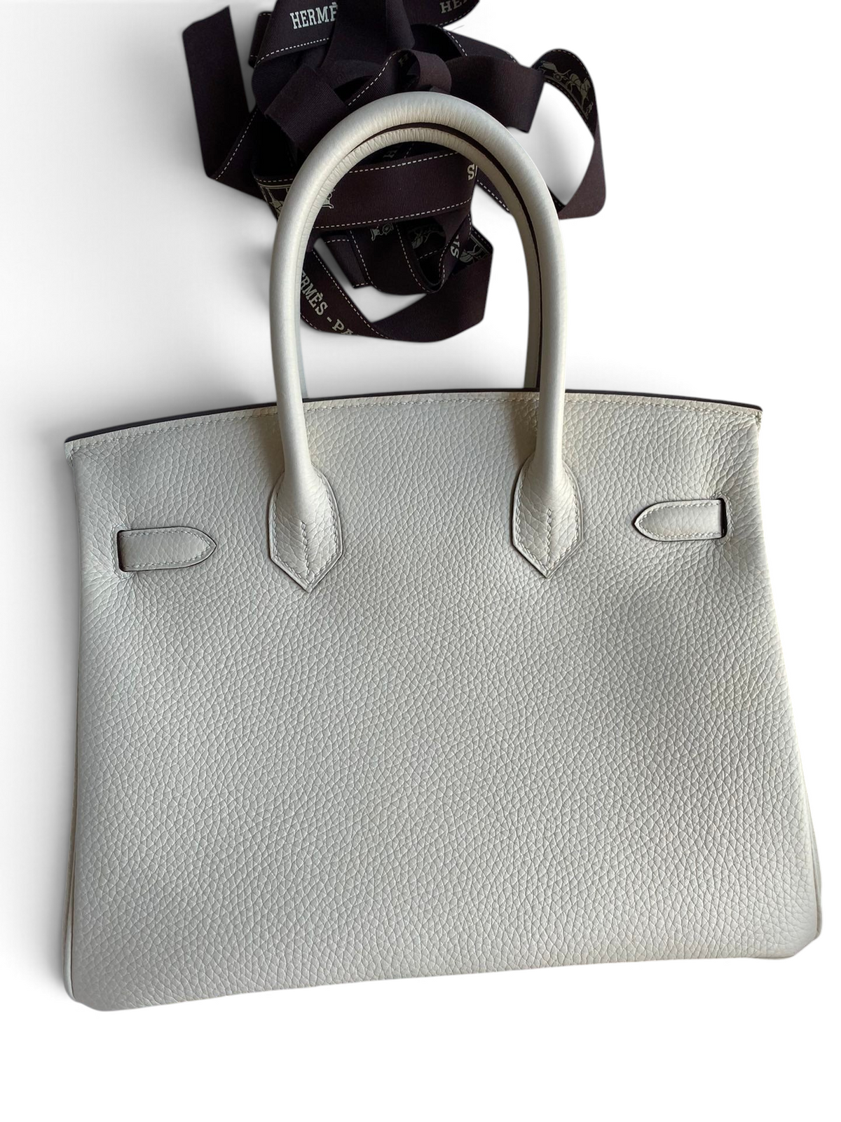 SWORD LUXURY marka beyaz Togo deri Hermès Birkin 30 çanta, kutusu ve aksesuarlarıyla birlikte.