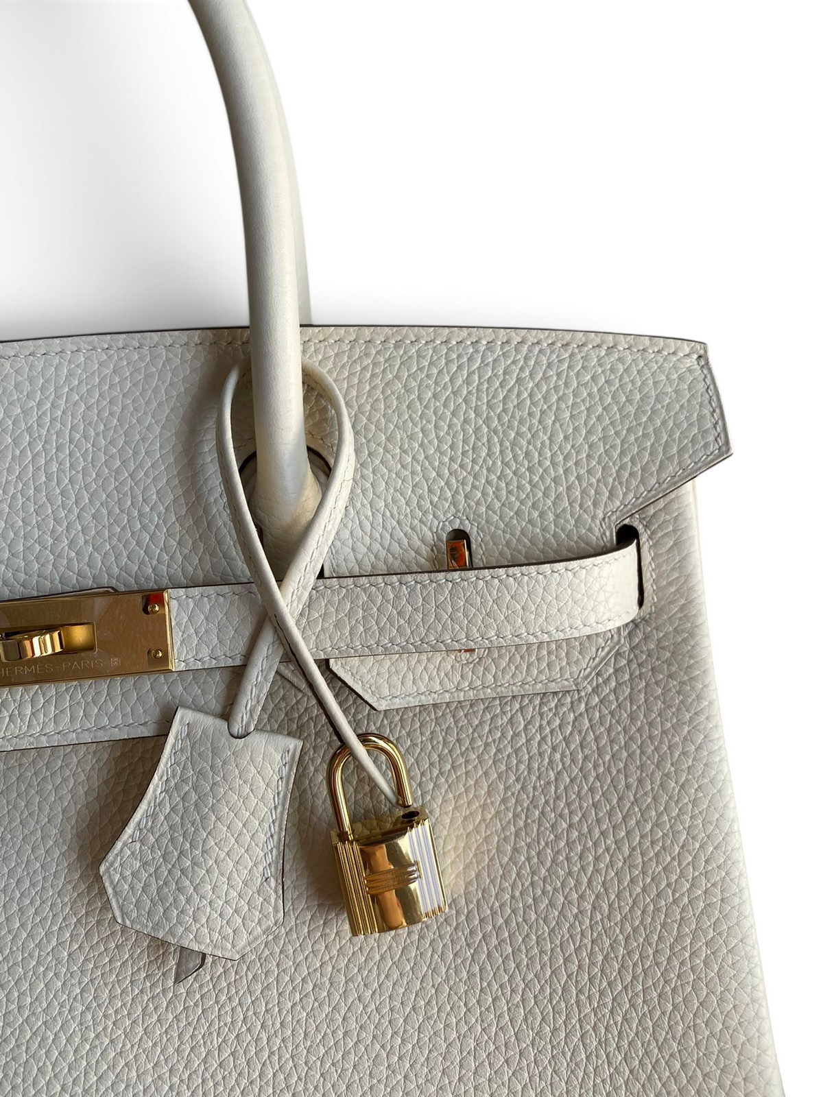 SWORD LUXURY beyaz Togo deri Hermès Birkin 30 çanta, altın rengi donanım ve ikonik kilit detayı ile.