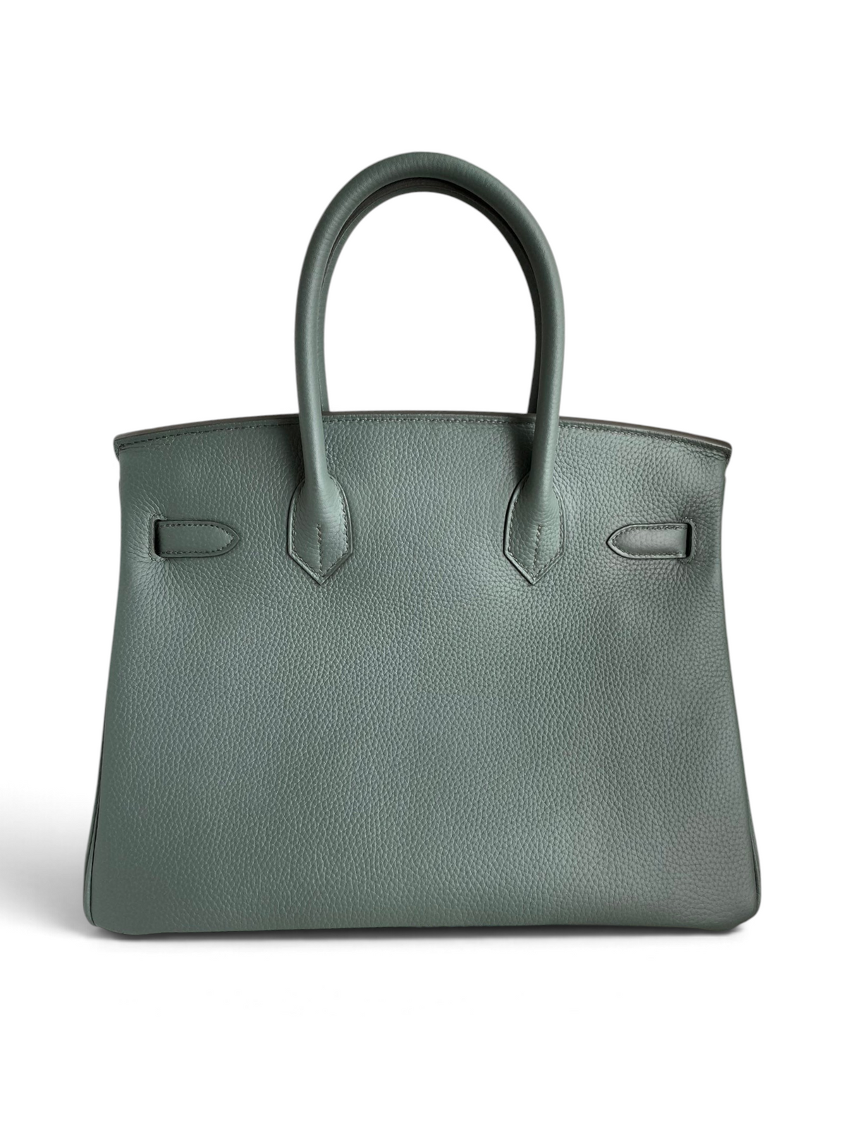 SWORD LUXURY marka, gri renkli, dokulu Togo deri Hermès Birkin 30 çanta, kutu içerisinde üstten görünüm.