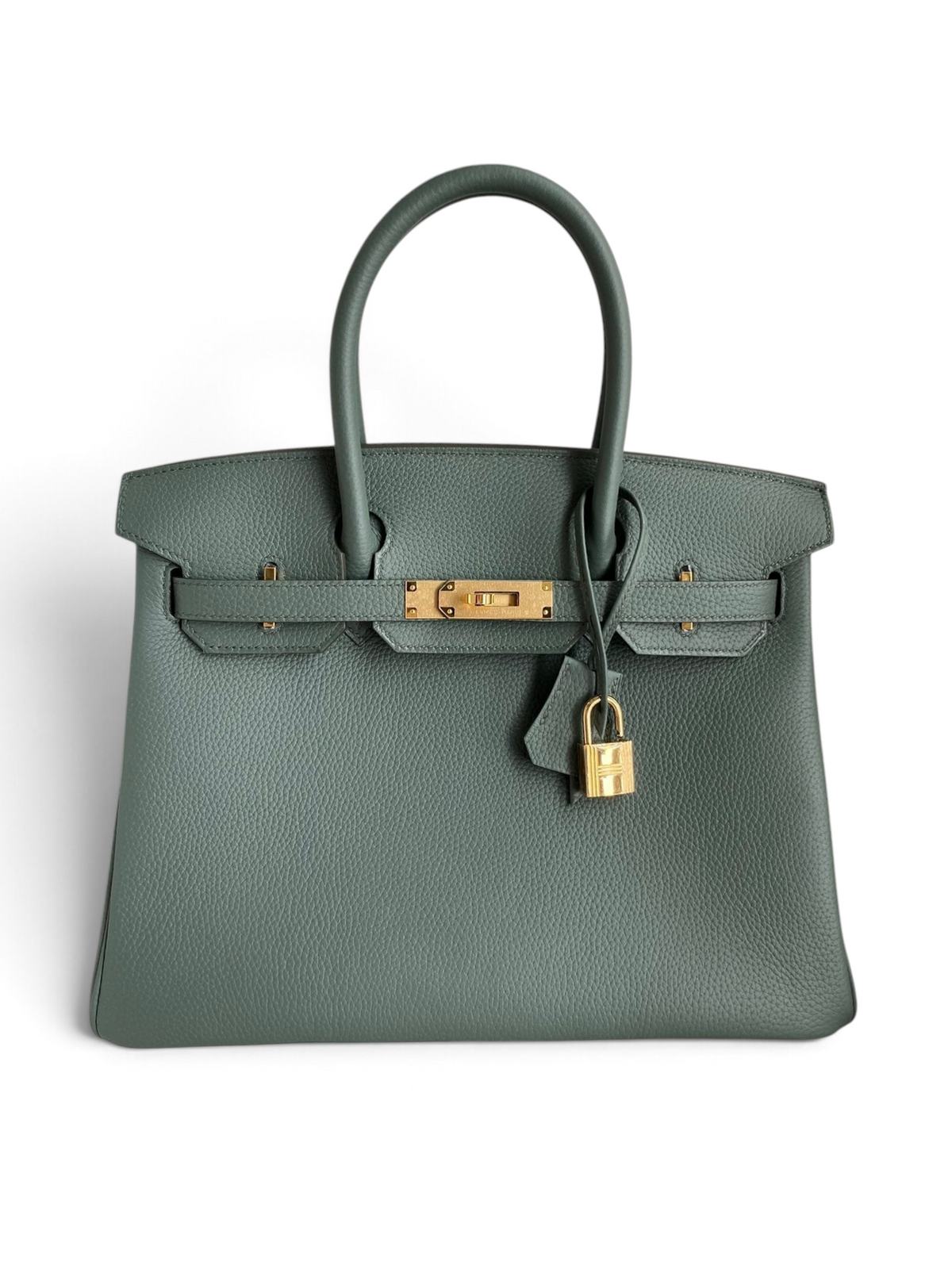 SWORD LUXURY marka, altın donanımlı, yeşil Togo deri Hermès Birkin 30 çanta, kutusu içinde.