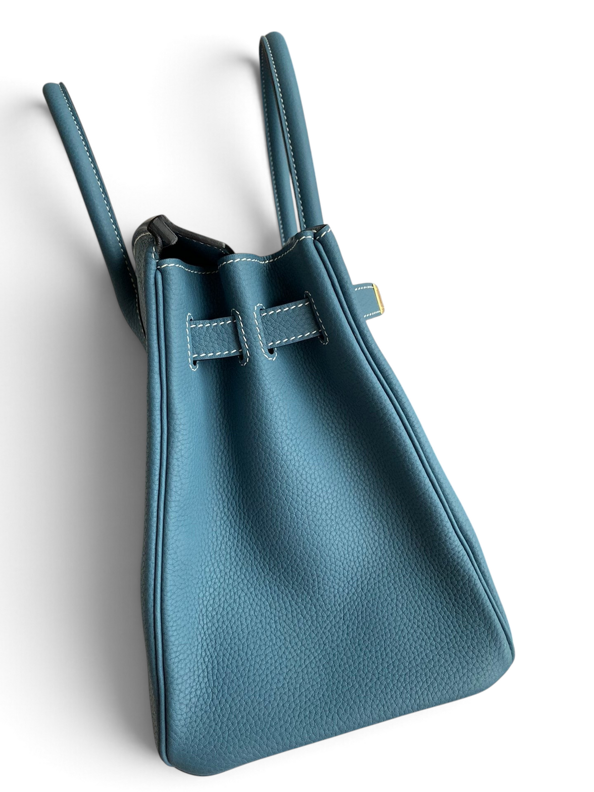 SWORD LUXURY marka mavi Togo deri Hermès Birkin 30 çanta, kutusunda yan görünüm.