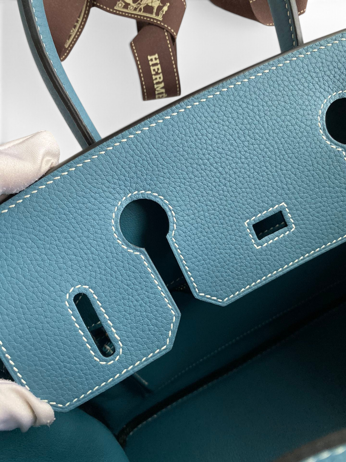 SWORD LUXURY marka mavi Togo deri Hermès Birkin 30 çanta iç detayları ve dikiş işçiliği