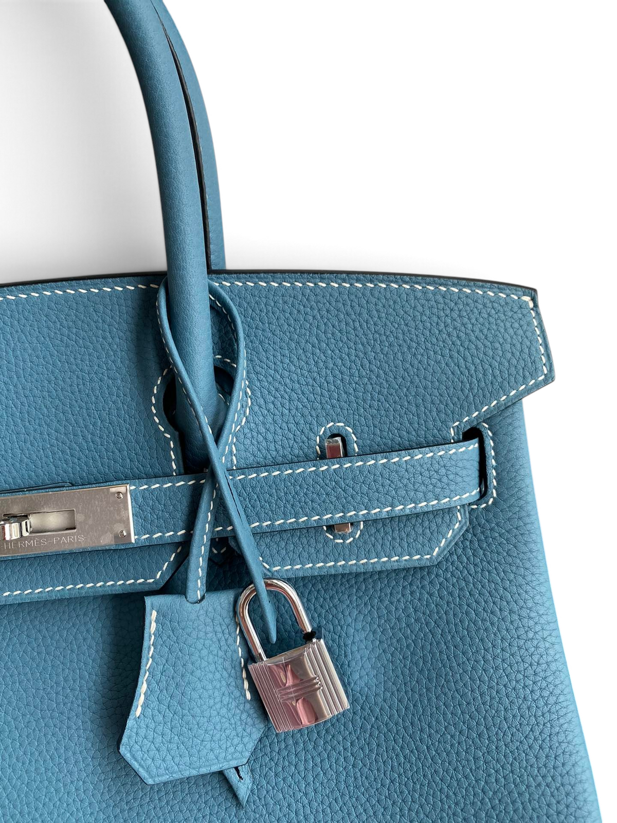 SWORD LUXURY marka mavi Togo deri Hermès Birkin 30 çanta, gümüş donanım ve ikonik kilit detaylı yakın çekim.