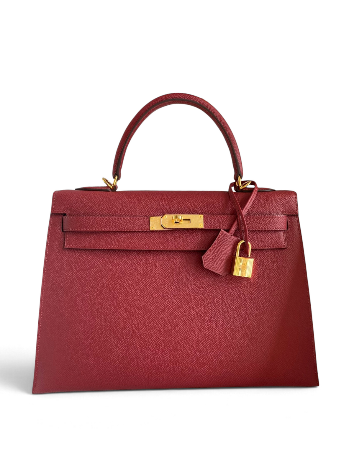 SWORD LUXURY marka, altın donanımlı, kırmızı Epsom deri 32cm Hermès Kelly çanta, kutusu ve omuz askısı ile.