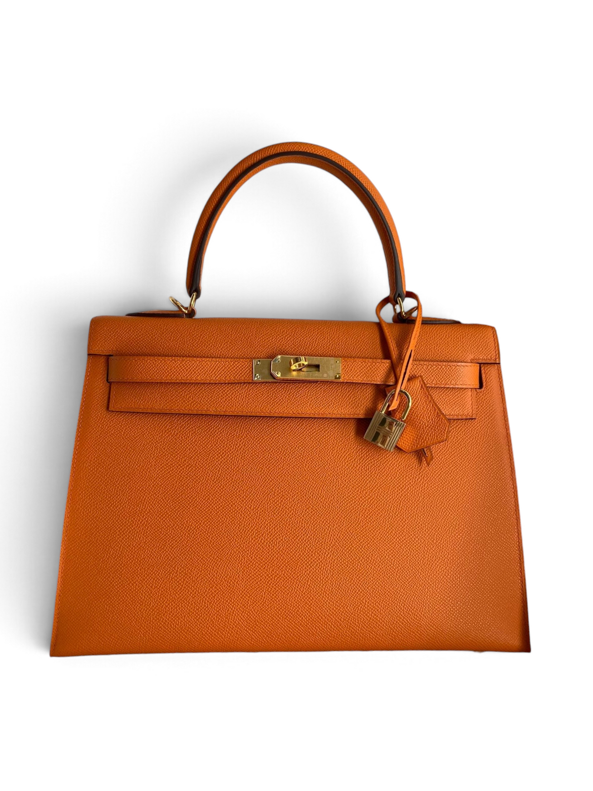 SWORD LUXURY marka turuncu Epsom deri Hermès Kelly 32cm çanta, altın donanım, kilit ve omuz askısı ile kutusunda.
