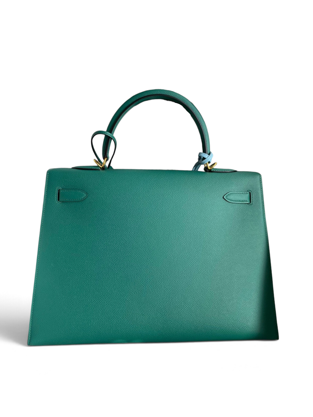 SWORD LUXURY marka, yeşil Epsom deri Hermès Kelly 32cm çanta, kutusunda ve toz torbasıyla birlikte.