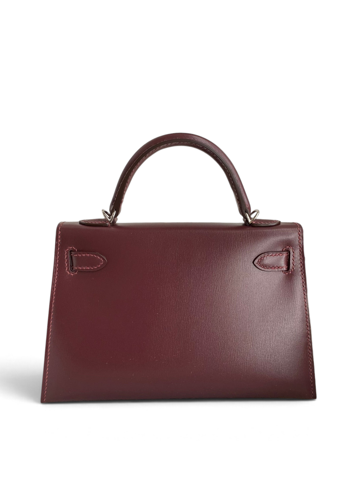 SWORD LUXURY bordo renkli, kutu deri Hermès Mini Kelly 19cm çanta, kutu içerisinde ve çıkarılabilir askılı.