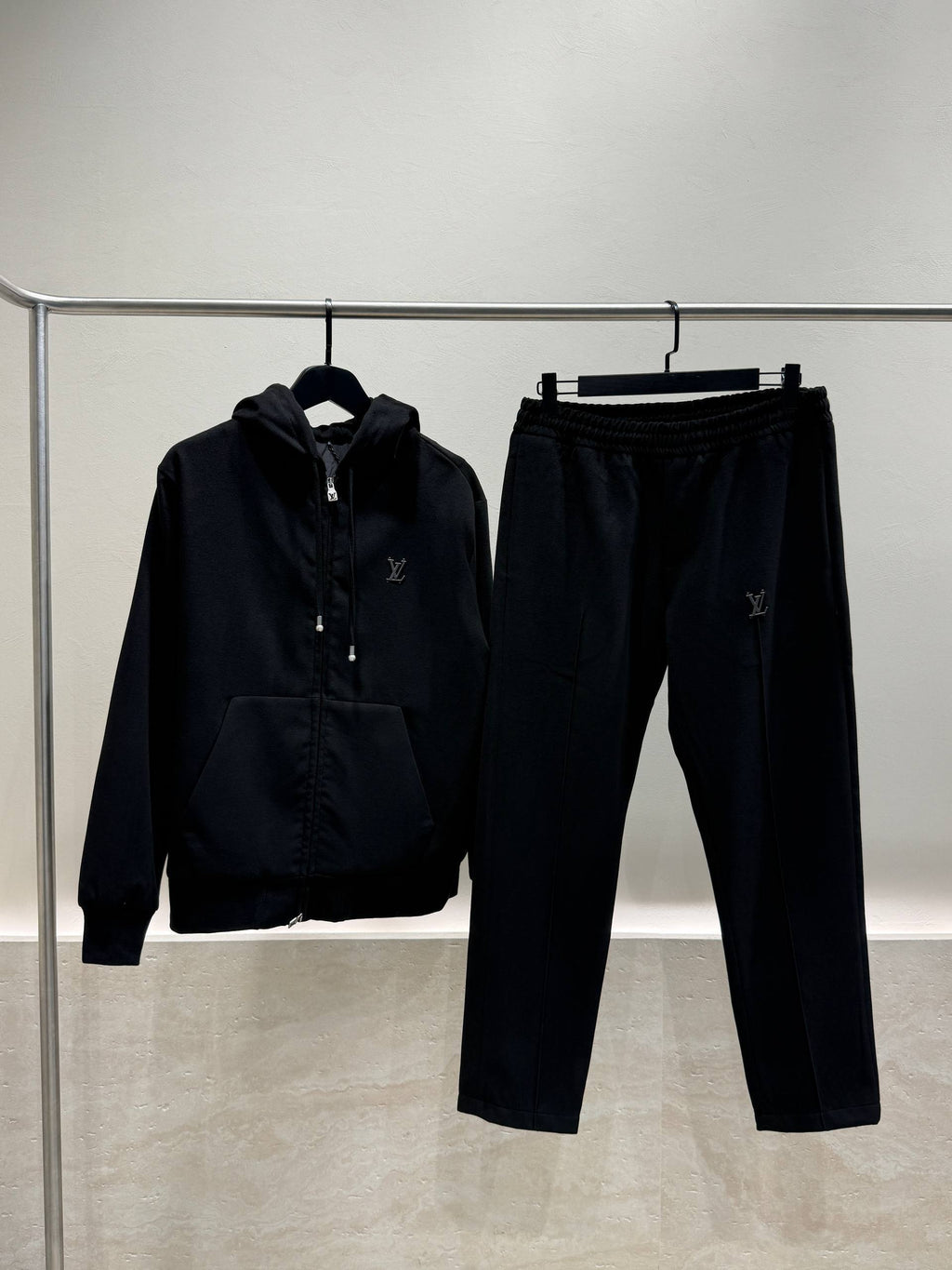 Men's black hooded tracksuit set front view