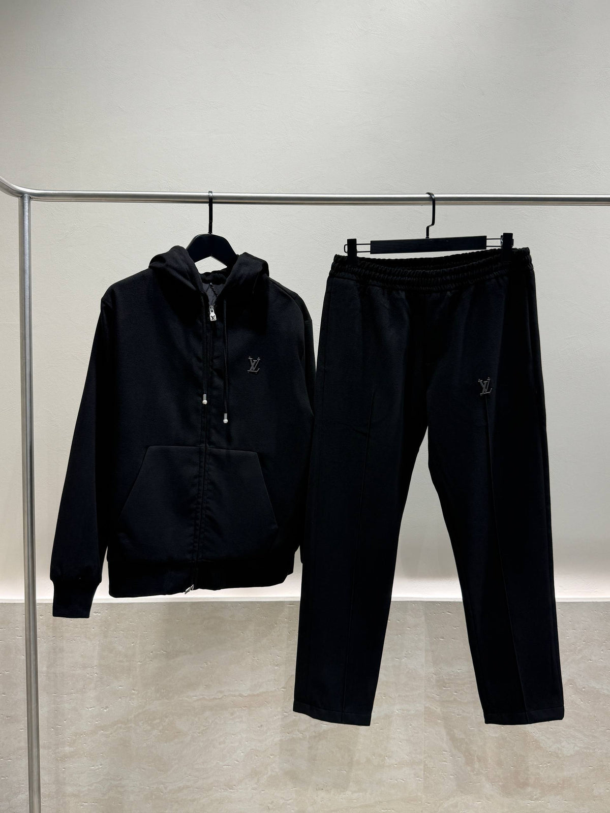 Men's black hooded tracksuit set front view