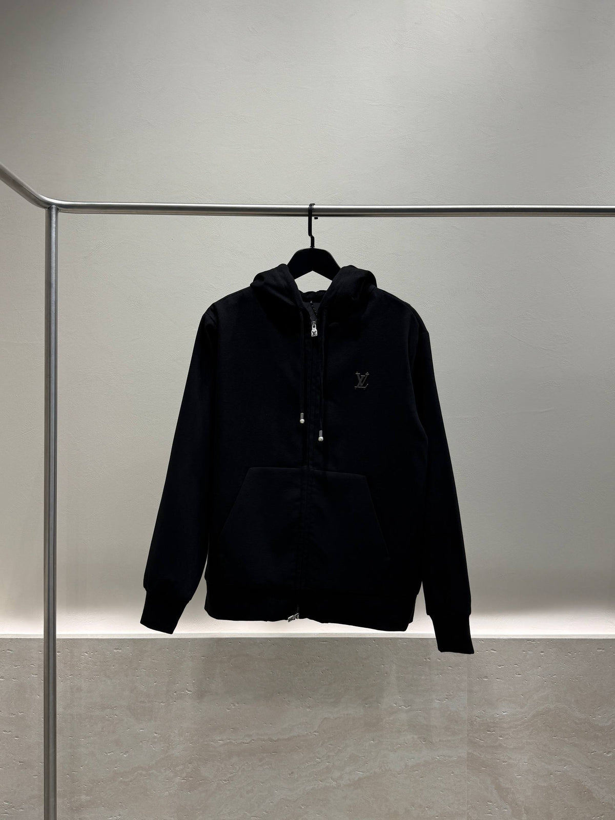Black zip hooded jacket front view