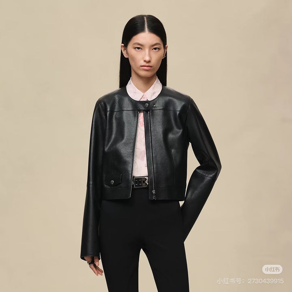 Cropped Sheepskin Leather Jacket – Noir Structured Edition