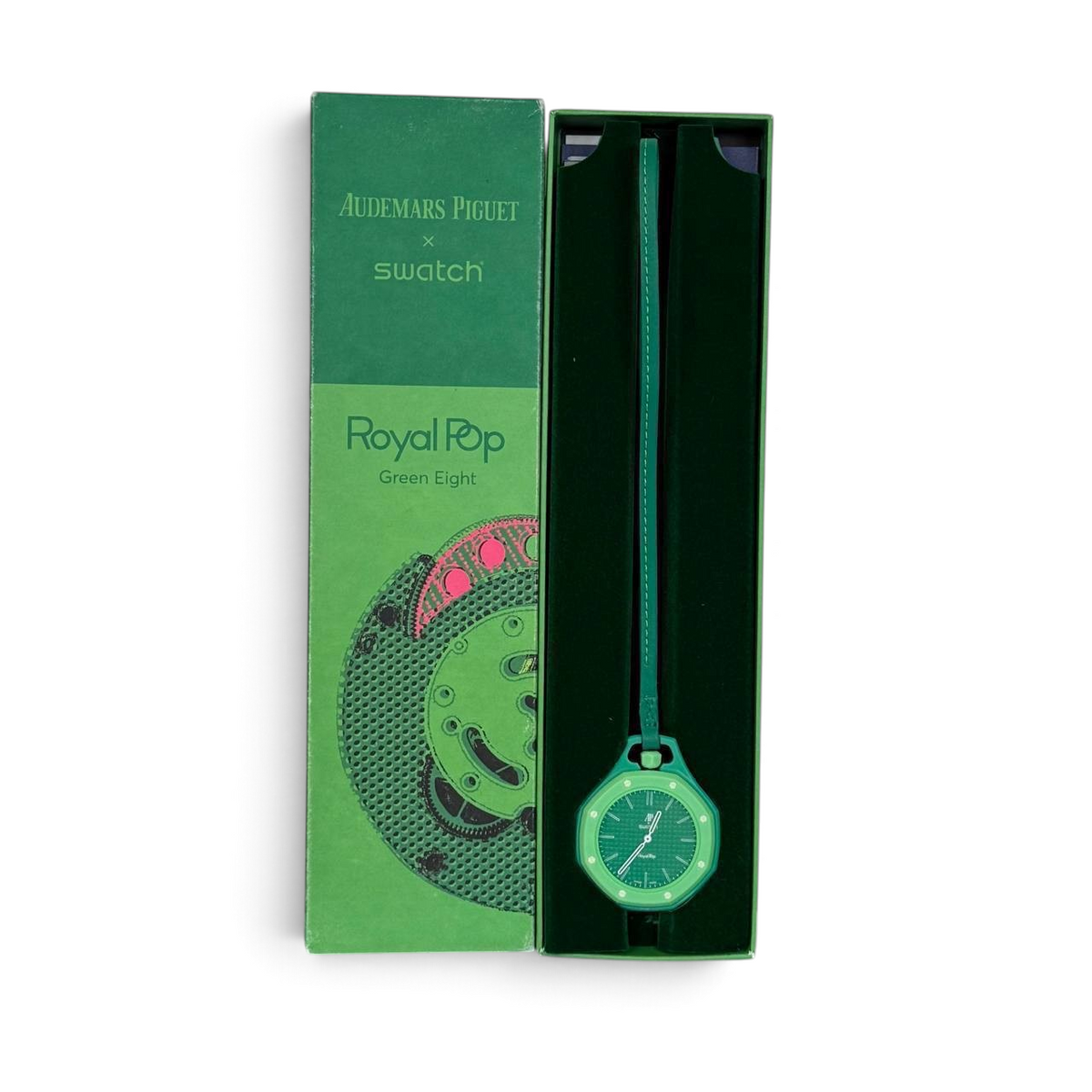 SWORD LUXURY Royal Pop yeşil renkli, özel kutusunda sunulan Audemars Piguet x Swatch iş birliği kol saati