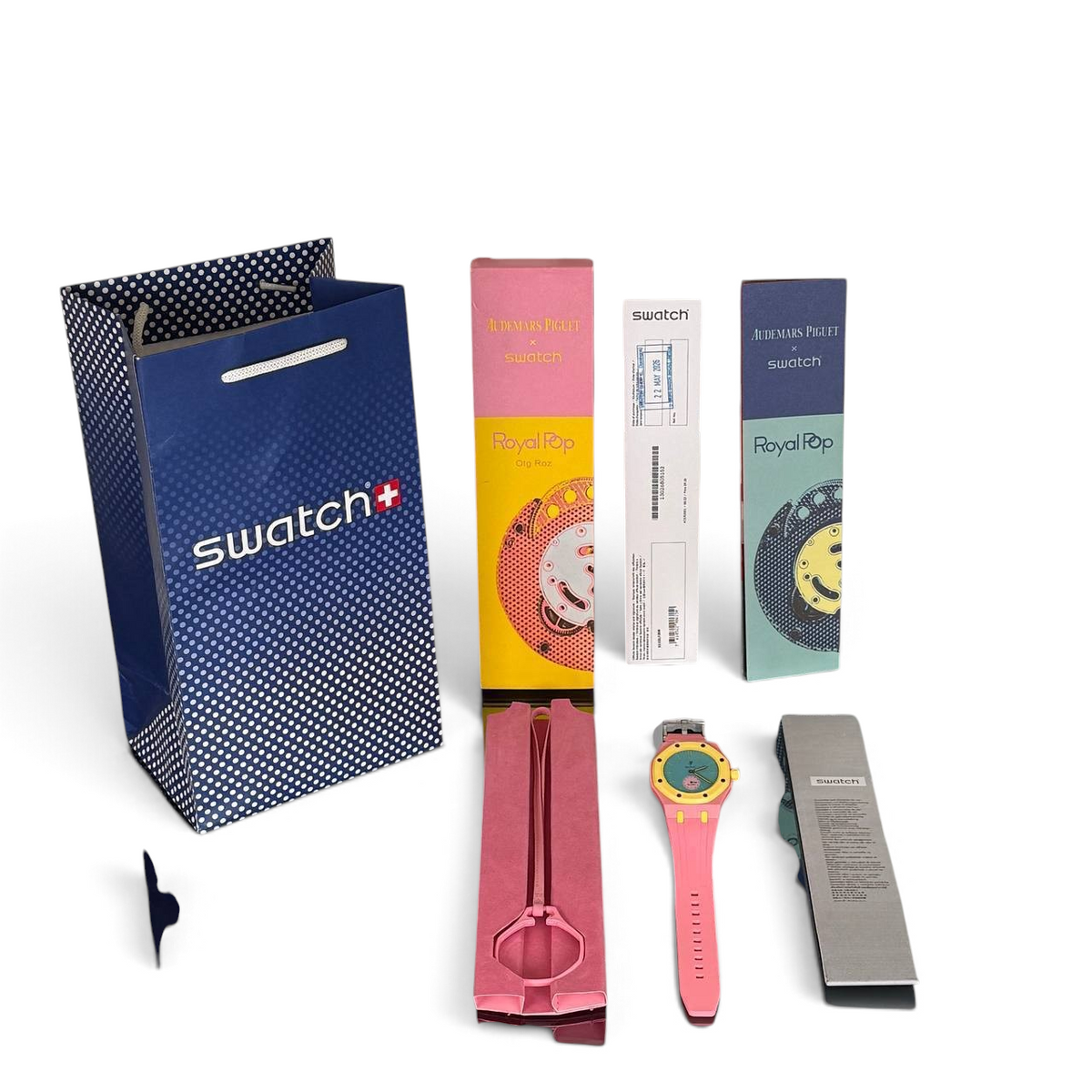 SWORD LUXURY Royal Pop saat, pembe kordonlu ve renkli kadranlı özel koleksiyon kol saati, kutusu ve çantası ile.