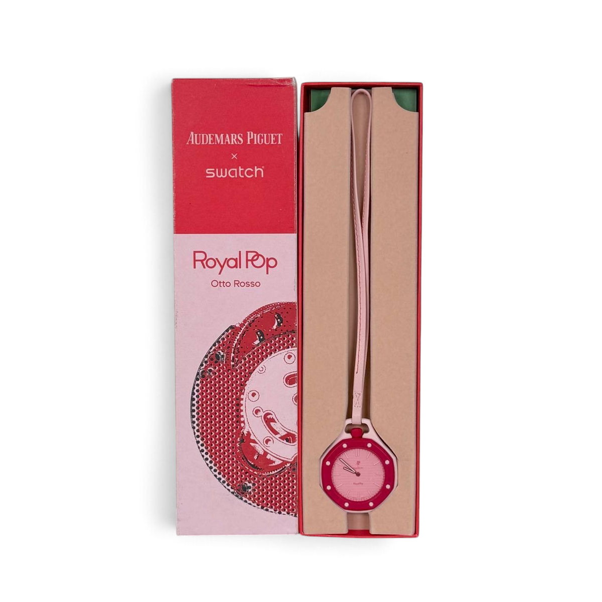 SWORD LUXURY Royal Pop pembe renkli, Audemars Piguet x Swatch koleksiyonuna ait şık kol saati ve özel kutusu.