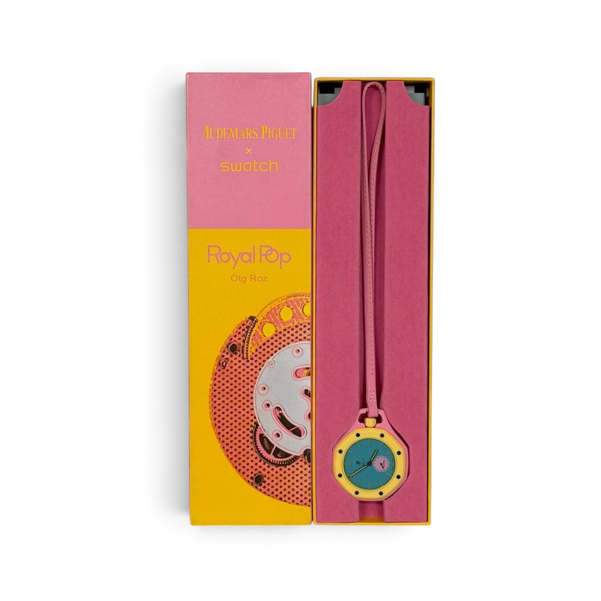 SWORD LUXURY Royal Pop kol saati, pembe kordonlu ve sarı kasalı, özel kutusunda sunulan şık tasarım.
