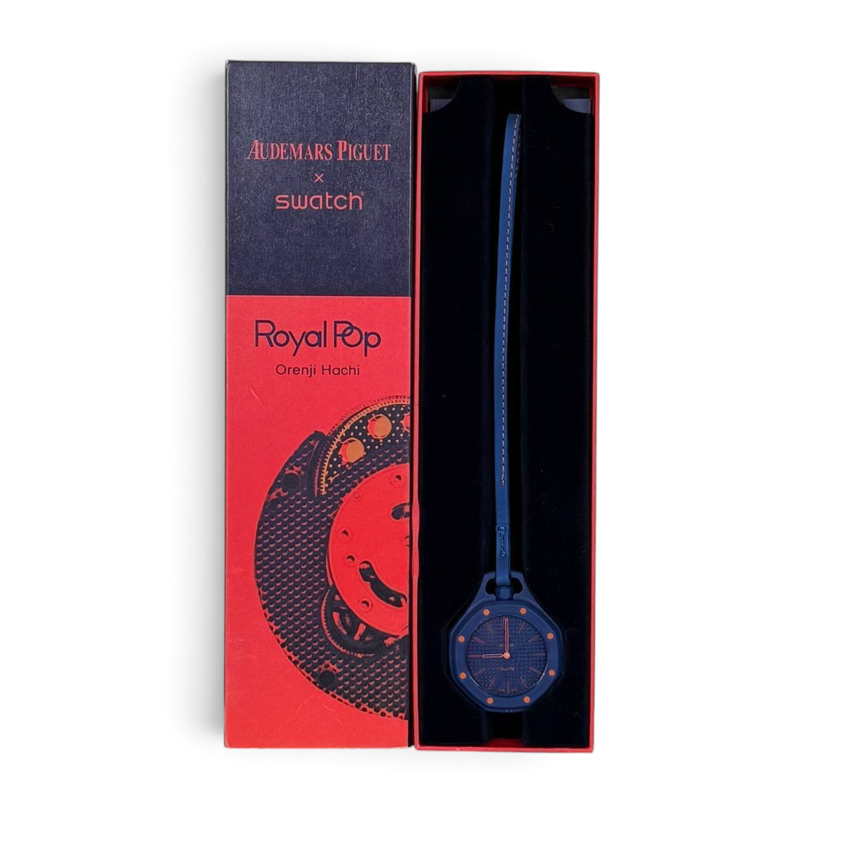 SWORD LUXURY Royal Pop saat, Audemars Piguet x Swatch koleksiyonundan özel tasarım lacivert renkli kol saati ve kutusu