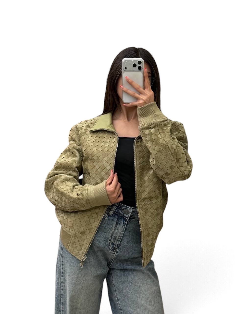 SWORD LUXURY travertine rengi, fermuarlı, ribana detaylı ve dokuma desenli süet blouson ceket