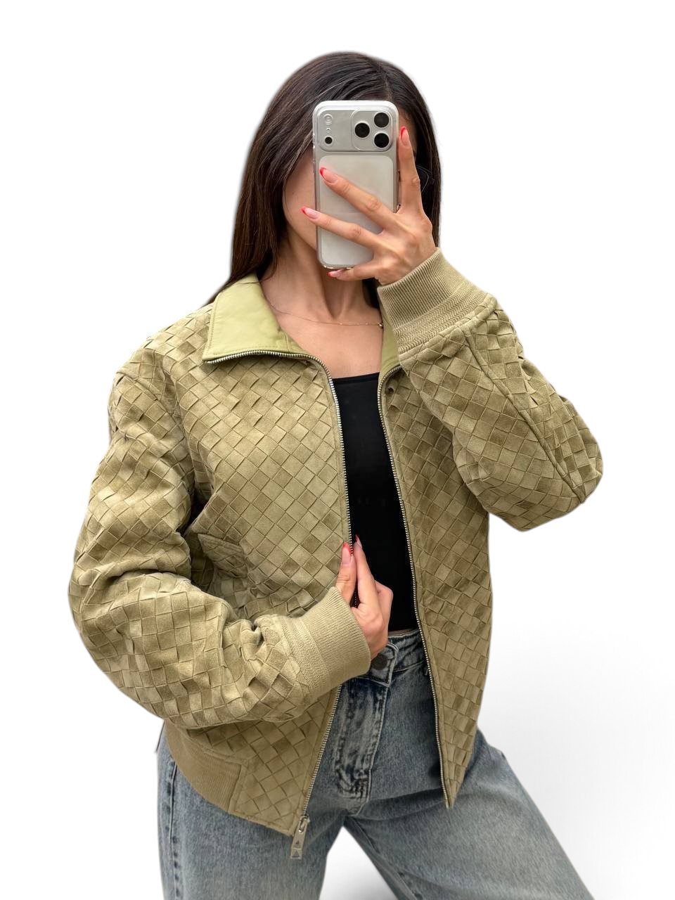 SWORD LUXURY marka, travertine rengi, fermuarlı, örgü detaylı süet blouson ceket giyen bir kadın.