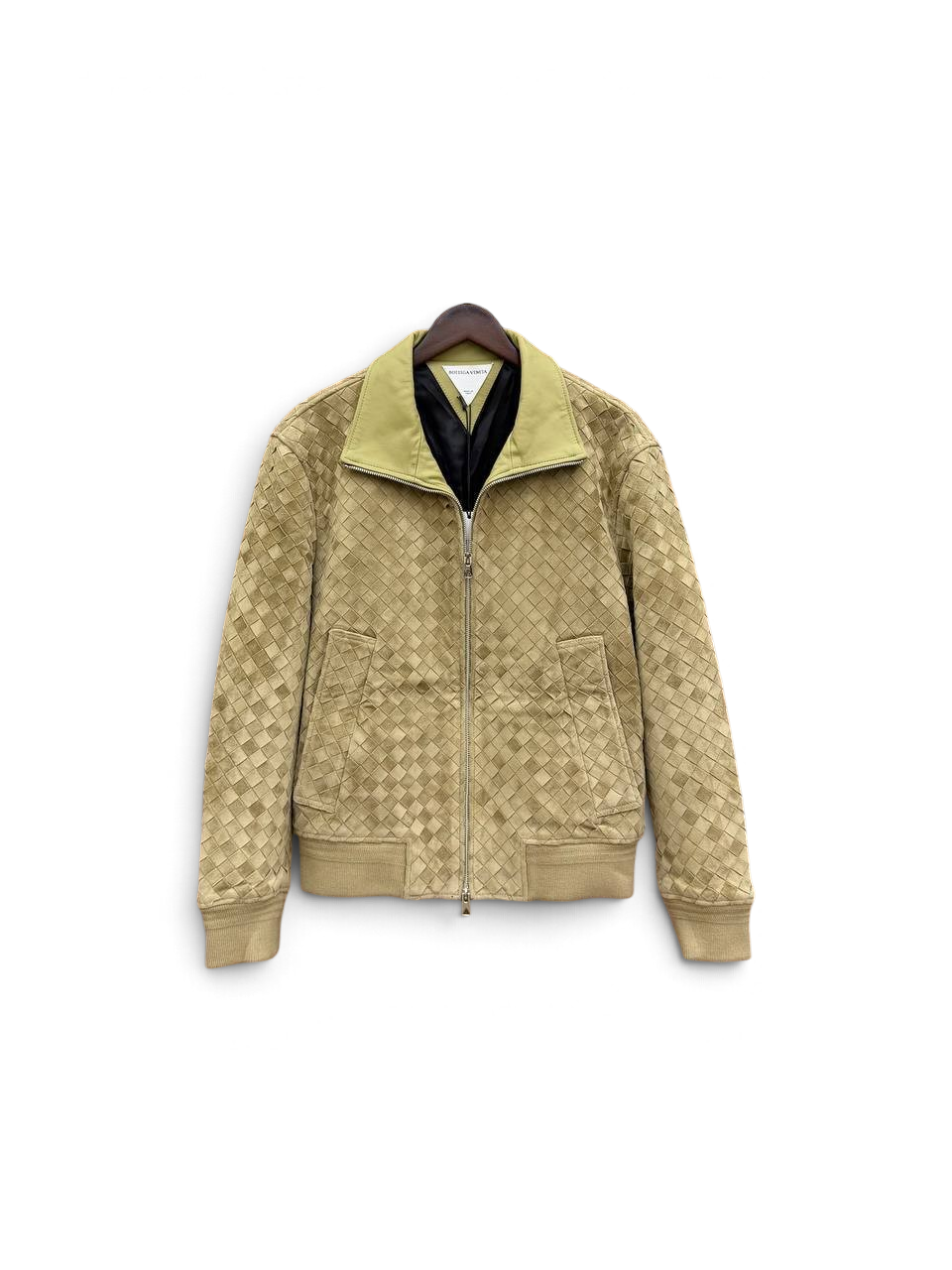 SWORD LUXURY travertine rengi, fermuarlı, örgü detaylı süet deri blouson ceket, ribana manşetli ve etek uçlu.
