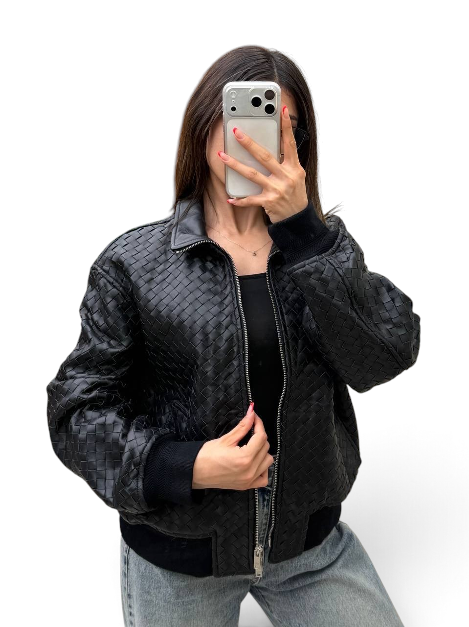 SWORD LUXURY siyah deri intrecciato örgü detaylı, fermuarlı, ribana manşetli ve yakalı şık blouson ceket