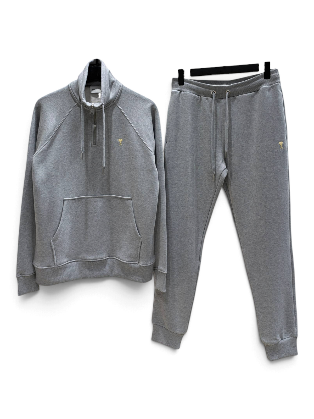 SWORD LUXURY gri marl yarım fermuarlı sweatshirt ve ipli eşofman altı takımı, sarı logo detaylı