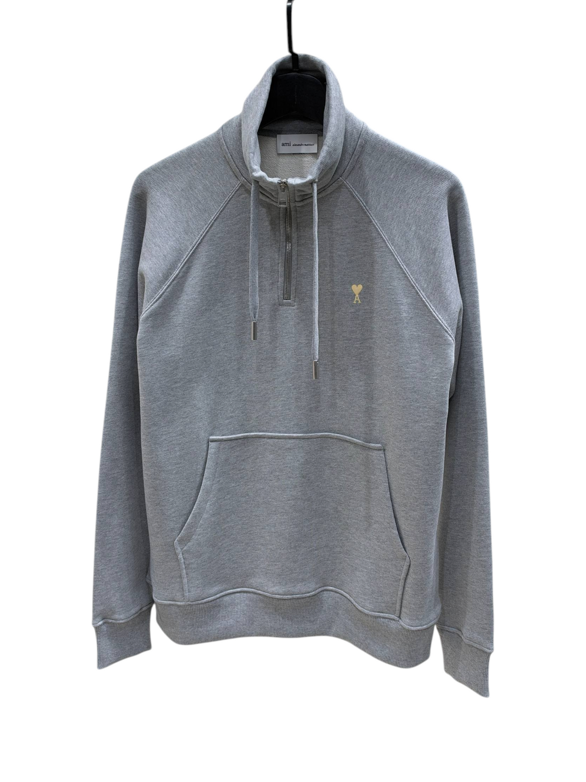 SWORD LUXURY gri renkli, yarım fermuarlı, kanguru cepli ve sarı logo detaylı sweatshirt