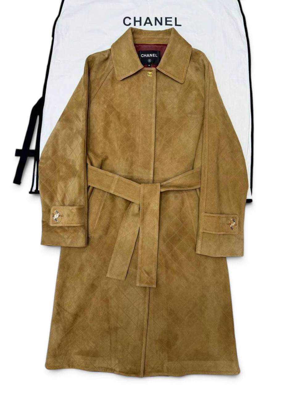 Quilted Suede Belted Coat – Fango Beige