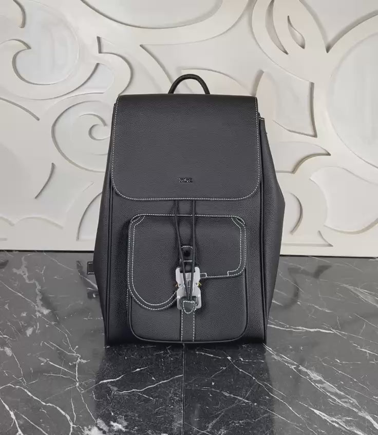 Saddle Backpack with Flap in Black Grained Calfskin