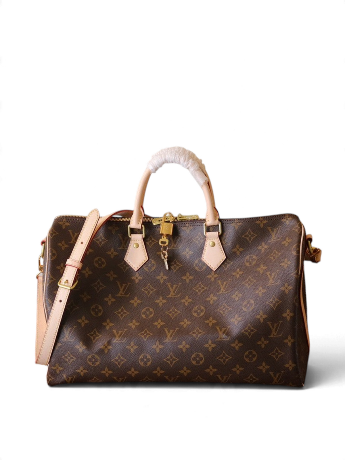 SWORD LUXURY Louis Vuitton klasik monogram kanvas seyahat çantası, açık renk deri saplı ve altın metal detaylı