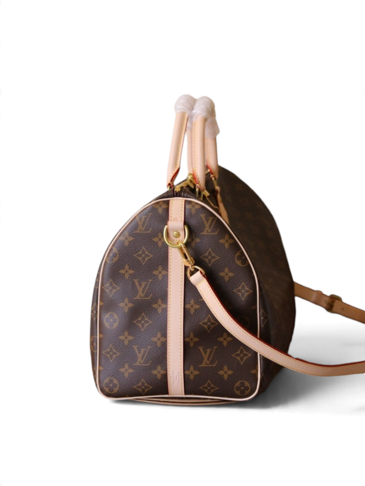SWORD LUXURY monogram kanvas Louis Vuitton klasik seyahat çantası, açık renk deri saplı ve altın metal detaylı
